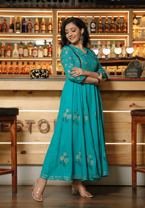 Women Teal Blue Floral Block Print Anarkali Kurta 215-BLU