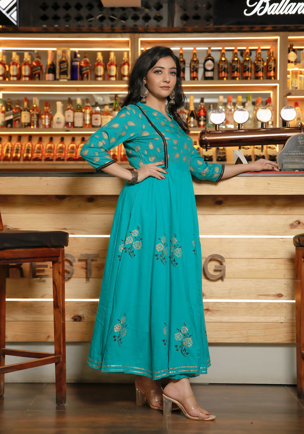 Women Teal Blue Floral Block Print Anarkali Kurta 215-BLU