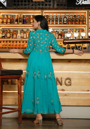 Women Teal Blue Floral Block Print Anarkali Kurta 215-BLU