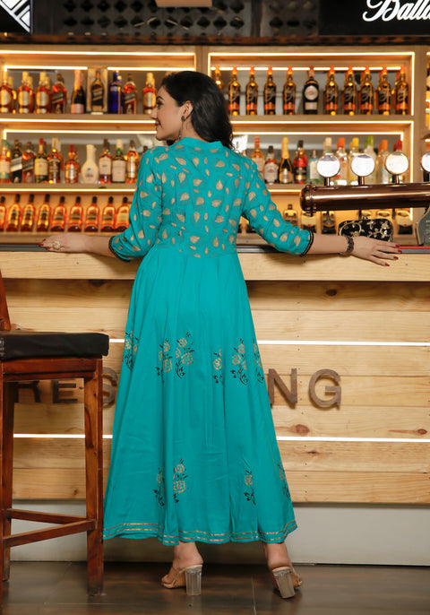 Women Teal Blue Floral Block Print Anarkali Kurta 215-BLU