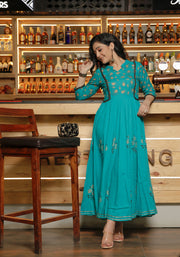 Women Teal Blue Floral Block Print Anarkali Kurta 215-BLU