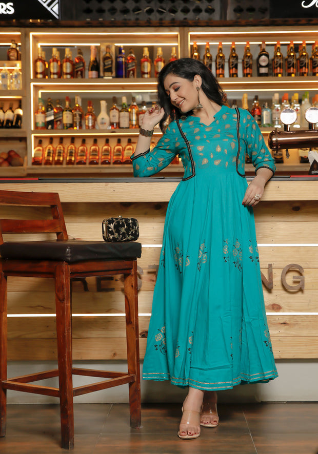 Women Teal Blue Floral Block Print Anarkali Kurta 215-BLU