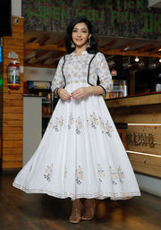 Women White Floral Block Print Anarkali Kurta 215-WHT