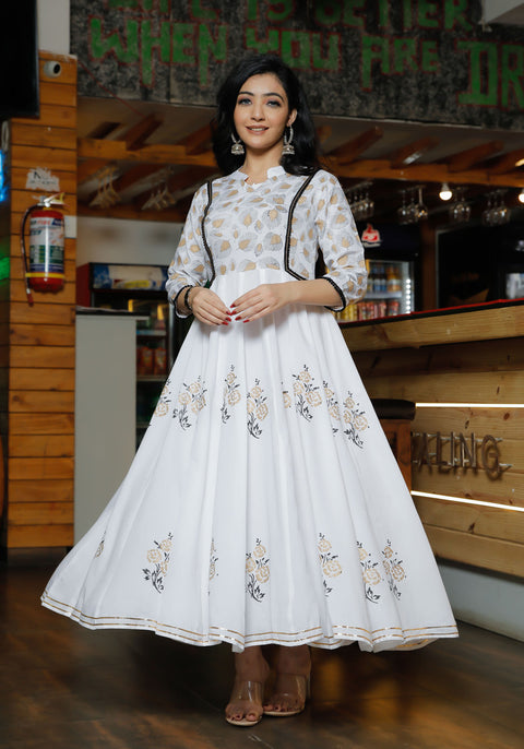 Women White Floral Block Print Anarkali Kurta 215-WHT