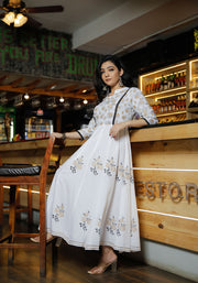 Women White Floral Block Print Anarkali Kurta 215-WHT