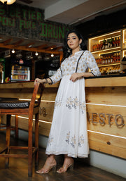 Women White Floral Block Print Anarkali Kurta 215-WHT