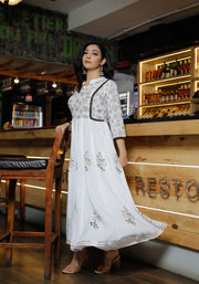 Women White Floral Block Print Anarkali Kurta 215-WHT