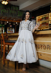 Women White Floral Block Print Anarkali Kurta 215-WHT
