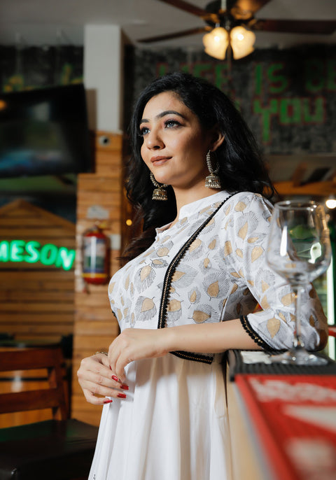 Women White Floral Block Print Anarkali Kurta 215-WHT