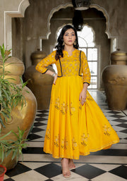Women Yellow Floral Block Print Anarkali Kurta 215-YLW