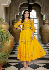 Women Yellow Floral Block Print Anarkali Kurta 215-YLW