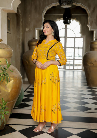 Women Yellow Floral Block Print Anarkali Kurta 215-YLW