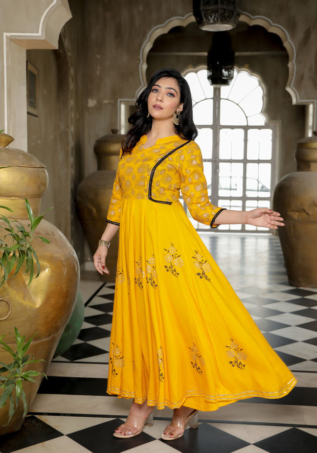 Women Yellow Floral Block Print Anarkali Kurta 215-YLW