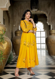 Women Yellow Floral Block Print Anarkali Kurta 215-YLW