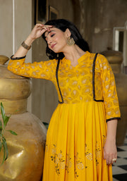 Women Yellow Floral Block Print Anarkali Kurta 215-YLW