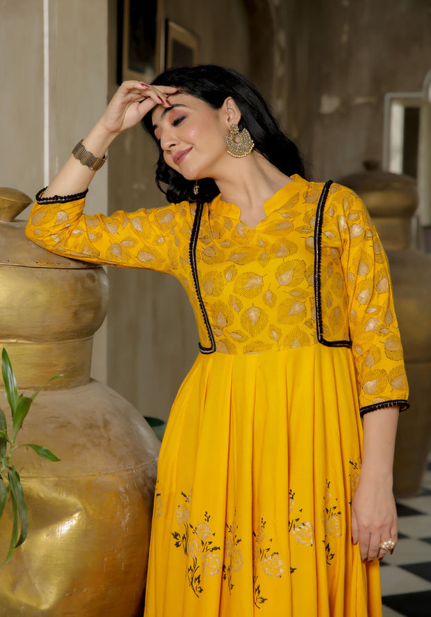 Women Yellow Floral Block Print Anarkali Kurta 215-YLW