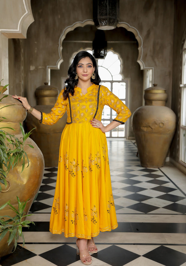 Women Yellow Floral Block Print Anarkali Kurta 215-YLW