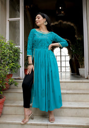 Women Teal Blue Floral Block Print Side Slit Kurta 216-BLU