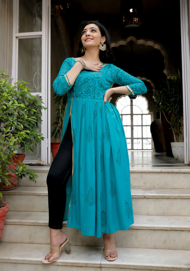 Women Teal Blue Floral Block Print Side Slit Kurta 216-BLU