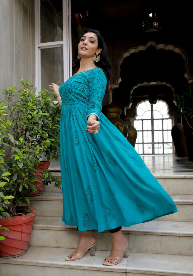 Women Teal Blue Floral Block Print Side Slit Kurta 216-BLU