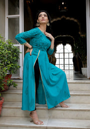 Women Teal Blue Floral Block Print Side Slit Kurta 216-BLU