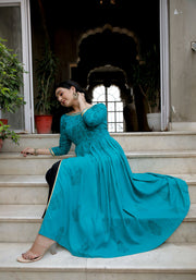 Women Teal Blue Floral Block Print Side Slit Kurta 216-BLU