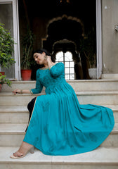 Women Teal Blue Floral Block Print Side Slit Kurta 216-BLU