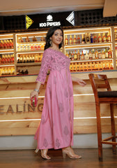 Women Pink Floral Block Print Side Slit Kurta 216-PNK