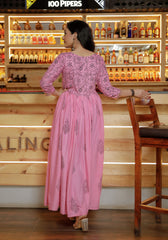 Women Pink Floral Block Print Side Slit Kurta 216-PNK