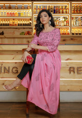 Women Pink Floral Block Print Side Slit Kurta 216-PNK