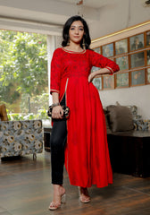 Women Red Floral Block Print Side Slit Kurta 216-RED