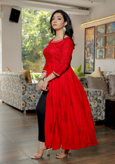 Women Red Floral Block Print Side Slit Kurta 216-RED