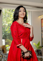 Women Red Floral Block Print Side Slit Kurta 216-RED