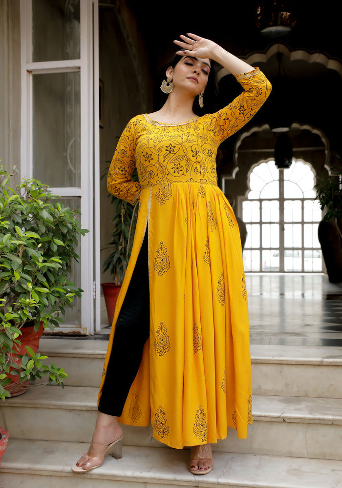 Women Yellow Floral Block Print Side Slit Kurta 216-YLW