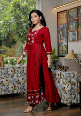 Women Maroon Floral Block Print Flared Kurta 217-MRN