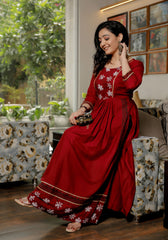 Women Maroon Floral Block Print Flared Kurta 217-MRN