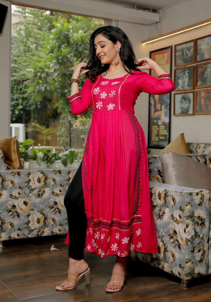 Women Pink Floral Block Print Kurta 217-Pink