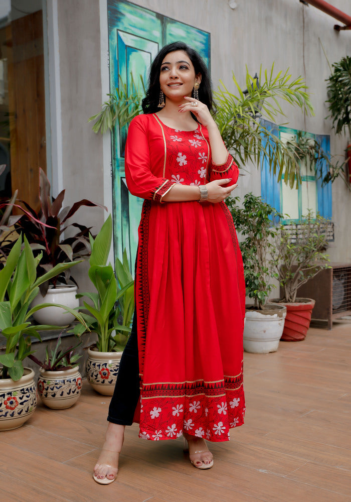 Women Red Floral Block Print Kurta 217-RED