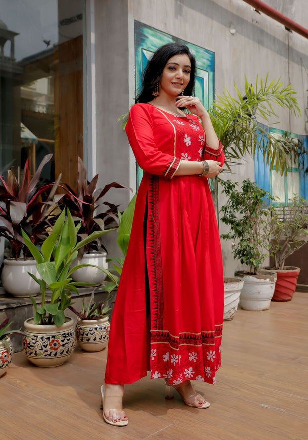 Women Red Floral Block Print Kurta 217-RED