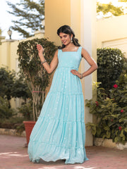 Eva Skyblue Mirror Work Tiered Maxi Dress 221-BLU