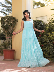 Eva Skyblue Mirror Work Tiered Maxi Dress 221-BLU