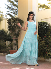 Eva Skyblue Mirror Work Tiered Maxi Dress 221-BLU