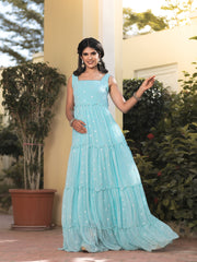 Eva Skyblue Mirror Work Tiered Maxi Dress 221-BLU