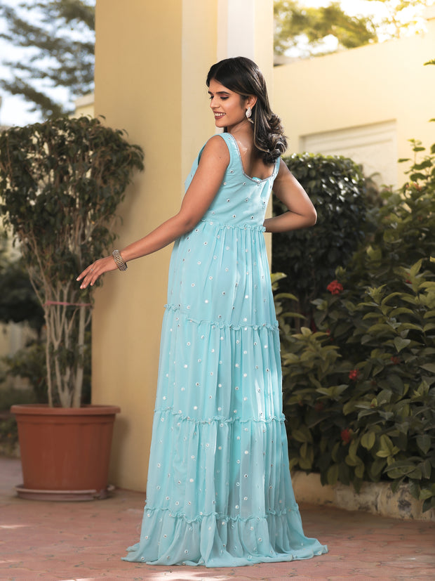 Eva Skyblue Mirror Work Tiered Maxi Dress 221-BLU