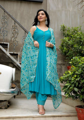 Blue Solid Suit Set With Floral Print Kota Doriya Dupatta 202-BLU