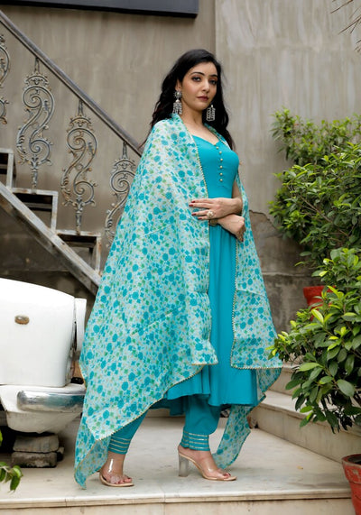 Blue Solid Suit Set With Floral Print Kota Doriya Dupatta 202-BLU