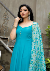 Blue Solid Suit Set With Floral Print Kota Doriya Dupatta 202-BLU