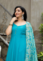 Blue Solid Suit Set With Floral Print Kota Doriya Dupatta 202-BLU