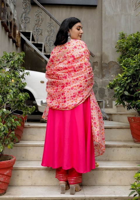 Pink Solid Suit Set With Floral Print Kota Doriya Dupatta 202-PNK