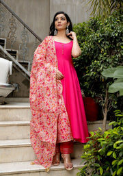 Pink Solid Suit Set With Floral Print Kota Doriya Dupatta 202-PNK
